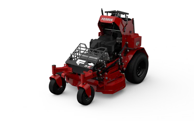 Red and black Ferris zero-turn radius lawn mower with front-mounted cutting deck
