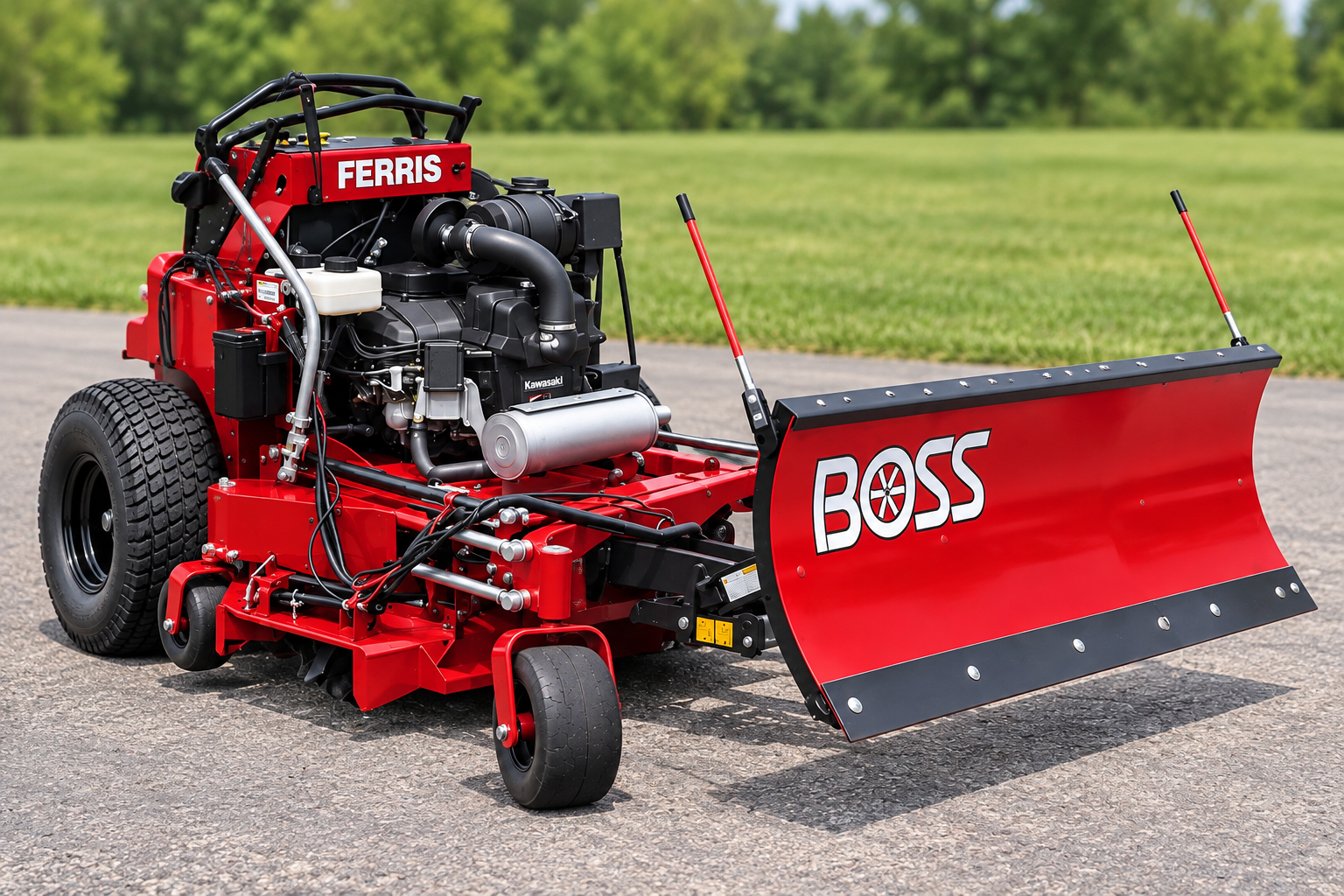 Red Ferris zero-turn mower with Boss snow plow attachment on asphalt driveway