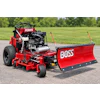 Red Ferris zero-turn mower with Boss snow plow attachment on asphalt driveway