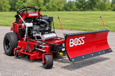 Red Ferris zero-turn mower with Boss snow plow attachment on asphalt driveway