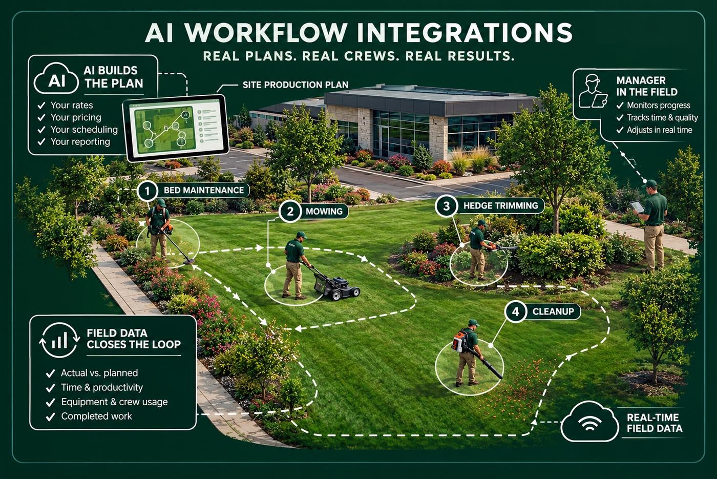 AI workflow integration diagram showing landscape maintenance plan with four tasks: bed maintenance, mowing, hedge trimming, and cleanup, featuring field data tracking and real-time management.