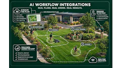 AI workflow integration diagram showing landscape maintenance plan with four tasks: bed maintenance, mowing, hedge trimming, and cleanup, featuring field data tracking and real-time management.
