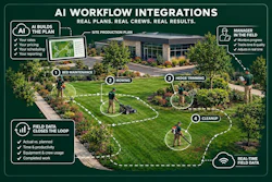 AI workflow integration diagram showing landscape maintenance plan with four tasks: bed maintenance, mowing, hedge trimming, and cleanup, featuring field data tracking and real-time management.