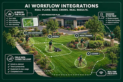 AI workflow integration diagram showing landscape maintenance plan with four tasks: bed maintenance, mowing, hedge trimming, and cleanup, featuring field data tracking and real-time management.