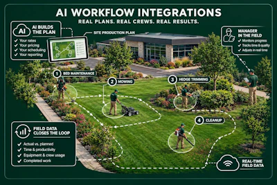 AI workflow integration diagram showing landscape maintenance plan with four tasks: bed maintenance, mowing, hedge trimming, and cleanup, featuring field data tracking and real-time management.