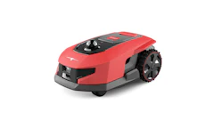 Red and black robotic lawn mower with autonomous navigation system and control panel
