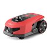 Red and black robotic lawn mower with autonomous navigation system and control panel