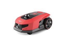 Red and black robotic lawn mower with autonomous navigation system and control panel