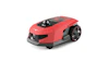 Red and black robotic lawn mower with autonomous navigation system and control panel