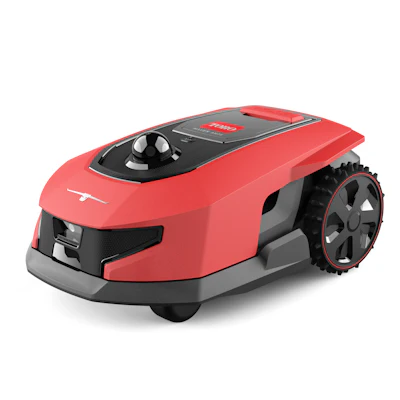 Red and black robotic lawn mower with autonomous navigation system and control panel