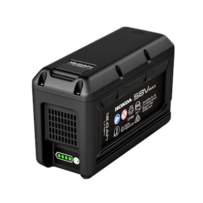 Honda 58V MAX lithium-ion battery pack with LED charge indicator and ventilation grilles