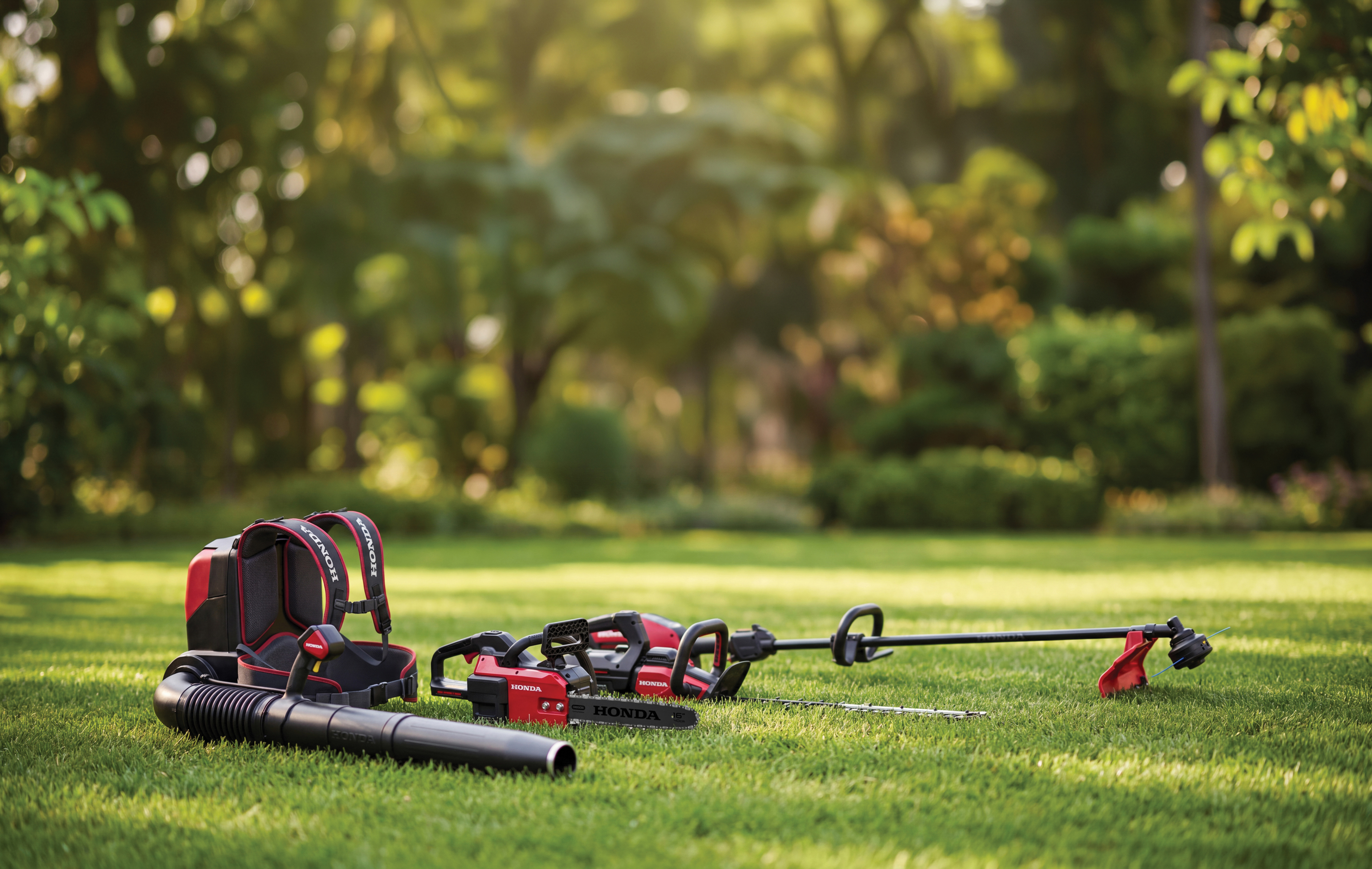 Red and black power tools and equipment laid out on grass with green trees in background