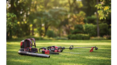 Red and black power tools and equipment laid out on grass with green trees in background