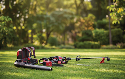 Red and black power tools and equipment laid out on grass with green trees in background