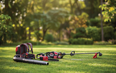 Red and black power tools and equipment laid out on grass with green trees in background