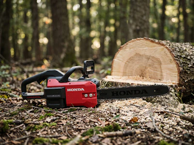 Red Honda chainsaw resting on forest floor next to a freshly cut log with visible growth rings