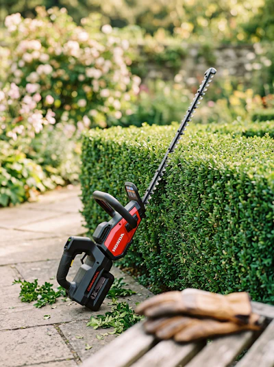 Red and black cordless hedge trimmer positioned against a neatly trimmed green hedge in a blooming garden with pink flowers