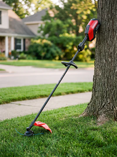 Red and black cordless string trimmer positioned against tree in residential yard