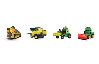 Four pieces of heavy equipment: yellow tracked compactor, yellow wood chipper, green and yellow wood chipper, and green snow plow with red blade.