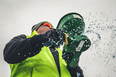 Worker in safety gear holding green buckets with water splashing against white background