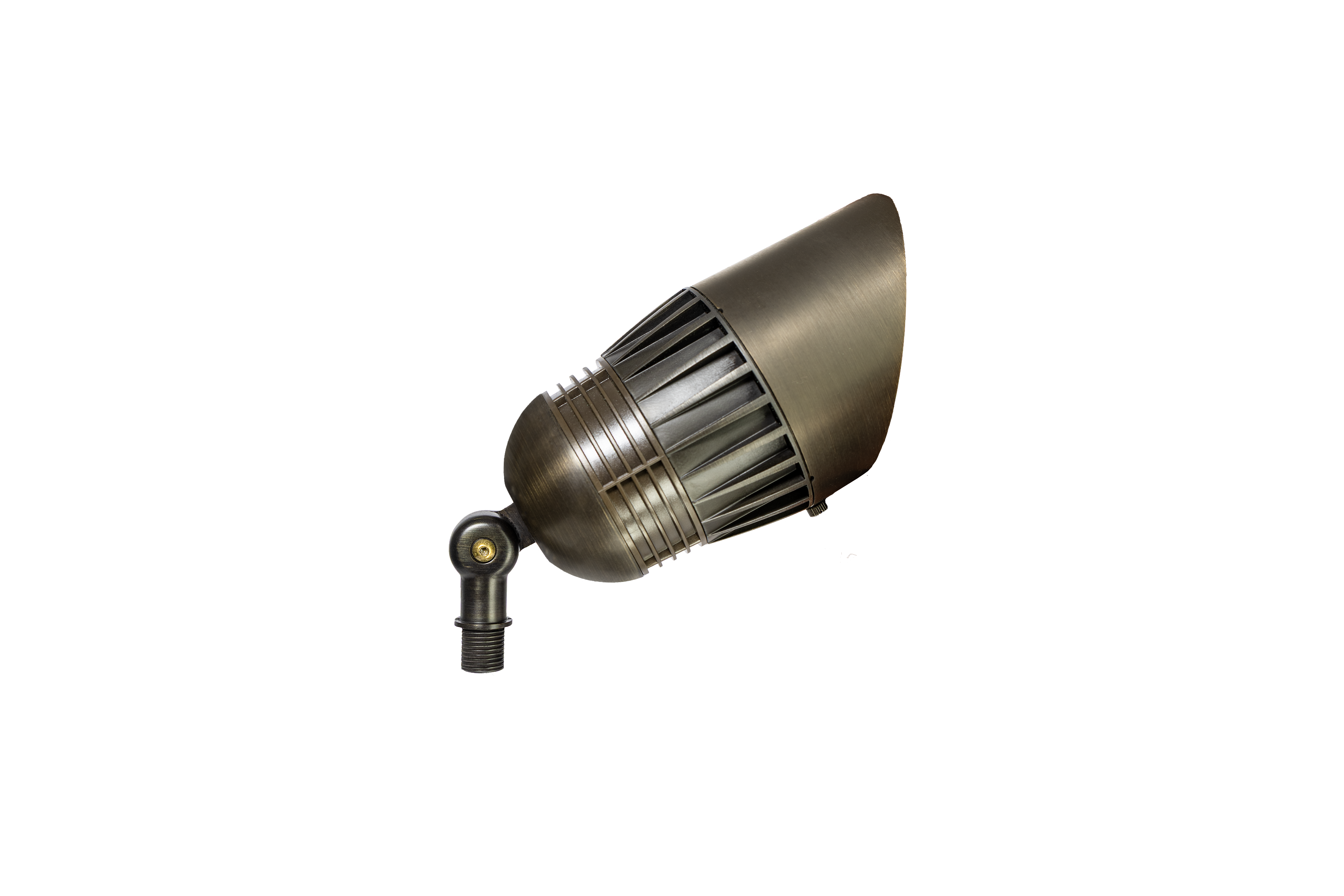 Adjustable bronze landscape spotlight with conical shade and mounting bracket