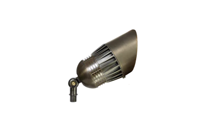 Adjustable bronze landscape spotlight with conical shade and mounting bracket