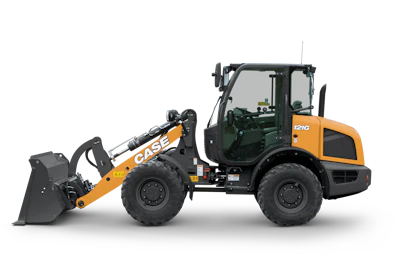 CASE 721G orange and black wheel loader with bucket attachment on white background