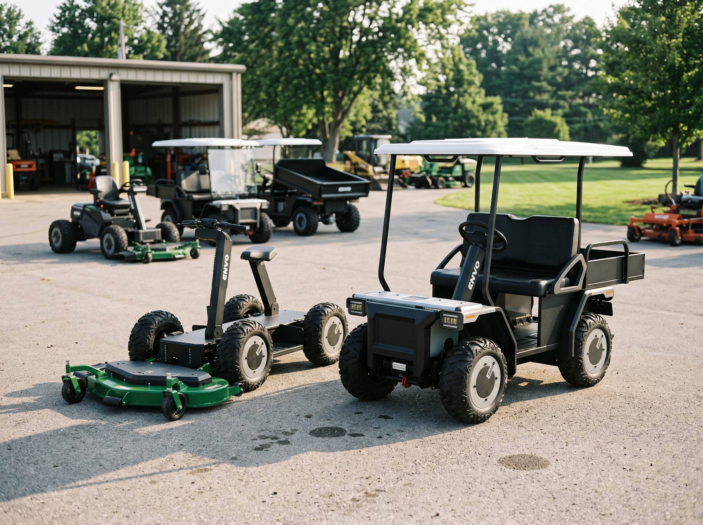 Landscaping equipment including zero-turn mowers and utility vehicles displayed in a commercial yard with storage building