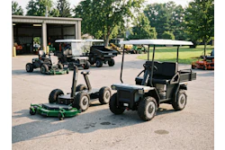 Landscaping equipment including zero-turn mowers and utility vehicles displayed in a commercial yard with storage building