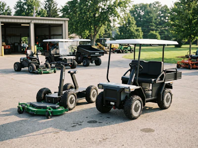 Landscaping equipment including zero-turn mowers and utility vehicles displayed in a commercial yard with storage building
