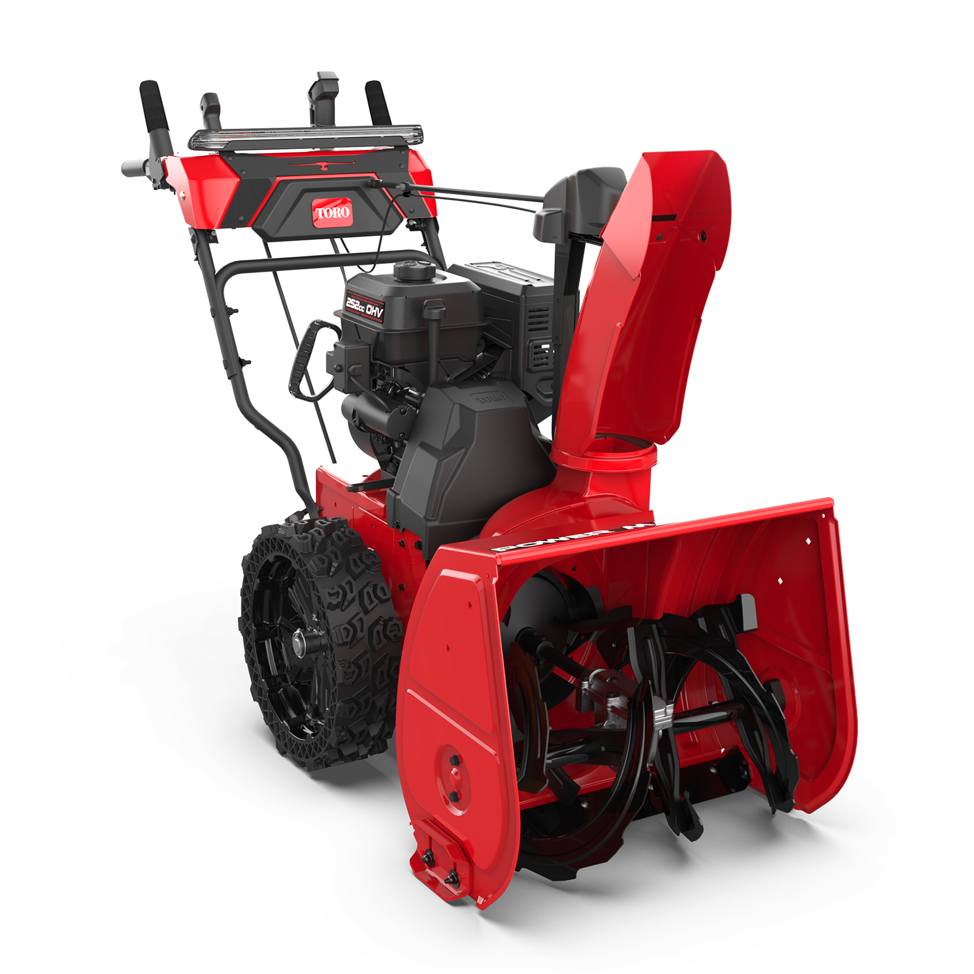 Red and black Toro two-stage snow blower with engine and chute on white background