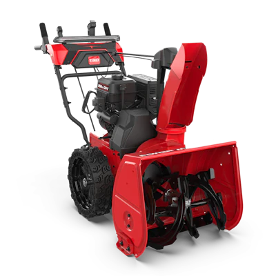 Red and black Toro two-stage snow blower with engine and chute on white background