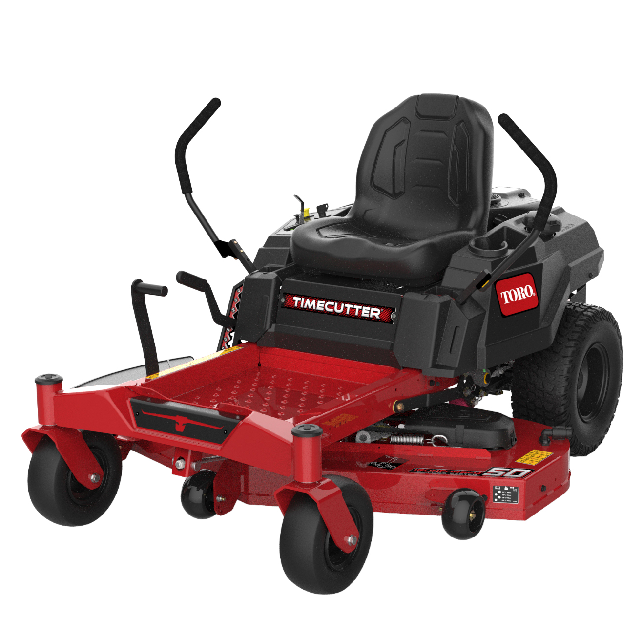 Toro TimeCutter red and black zero-turn radius lawn mower with padded seat and dual control handles