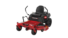 Toro TimeCutter red and black zero-turn radius lawn mower with padded seat and dual control handles