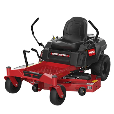 Toro TimeCutter red and black zero-turn radius lawn mower with padded seat and dual control handles