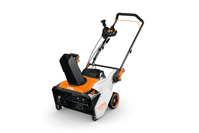 STIHL orange and white single-stage snow blower with black chute and handles on white background