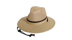 Beige straw wide-brimmed sun hat with mesh crown and black chin strap
