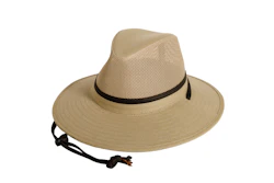 Beige straw wide-brimmed sun hat with mesh crown and black chin strap
