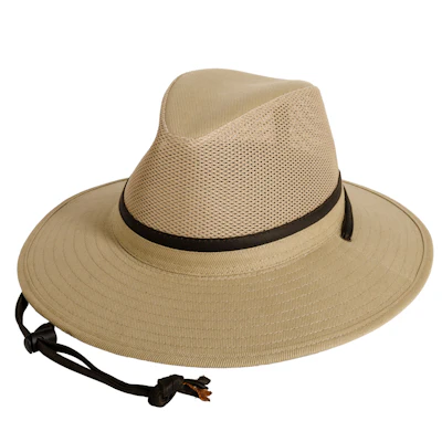 Beige straw wide-brimmed sun hat with mesh crown and black chin strap