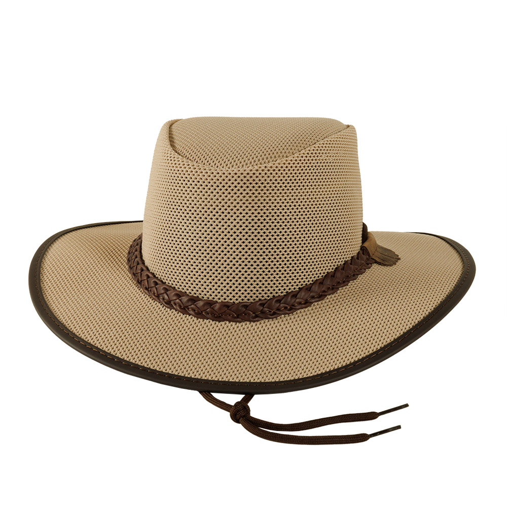 Tan mesh cowboy hat with brown leather trim and chin strap