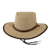 Tan mesh cowboy hat with brown leather trim and chin strap