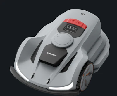 White robotic lawn mower with red control panel and circular dial interface