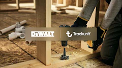 DeWalt and Trackunit logos displayed over woodworking scene with power drill on wooden frame