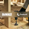 DeWalt and Trackunit logos displayed over woodworking scene with power drill on wooden frame