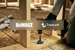 DeWalt and Trackunit logos displayed over woodworking scene with power drill on wooden frame